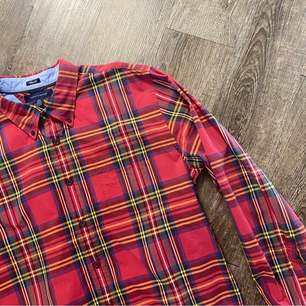 Tommy Hilfgher Shirt Men XL Red Plaid Cotton Long Sleeve Button Down Slim Fit - Picture 4 of 10